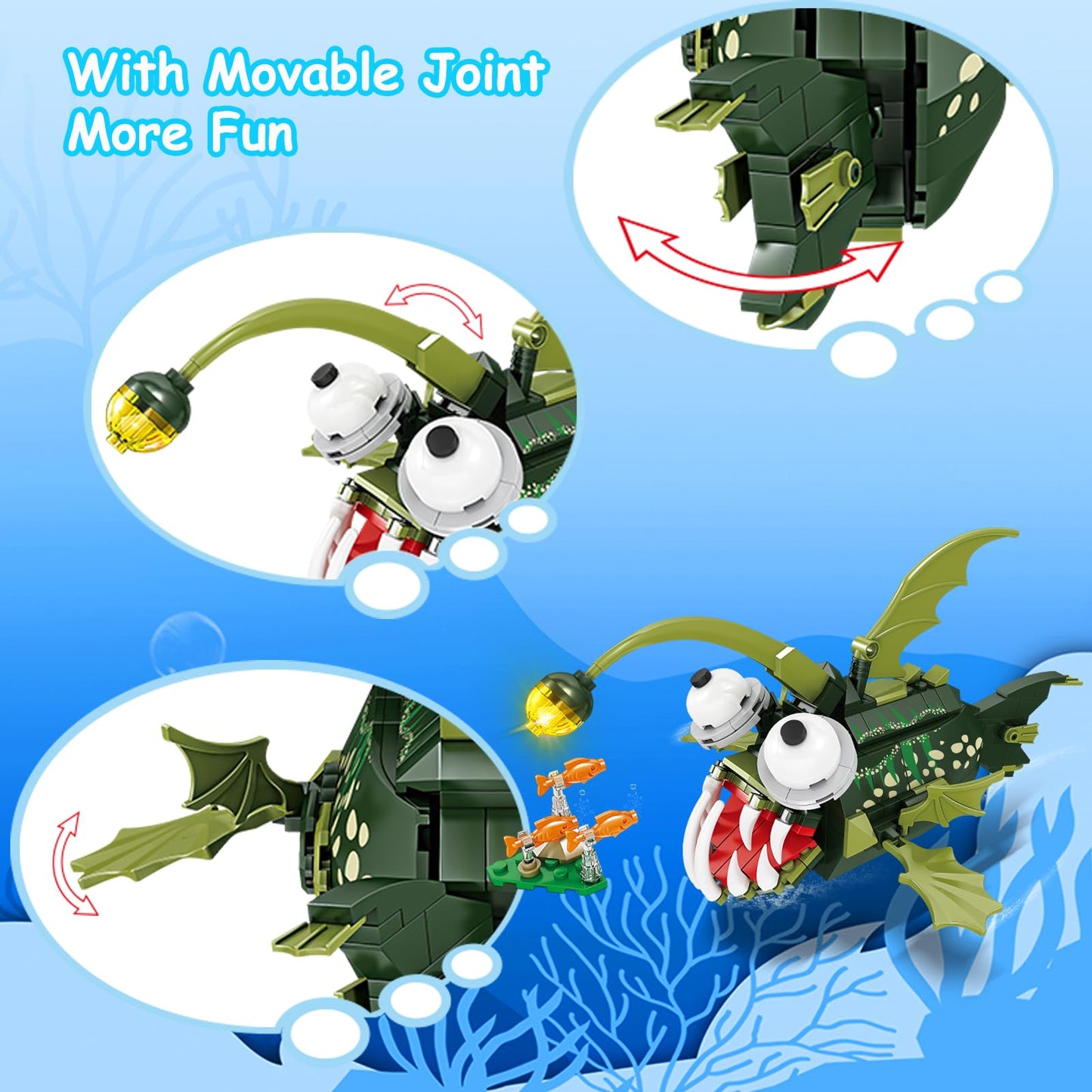 KAZI Anglerfish Toy Building Set,Sea Creatures Building Blocks,Ocean Animal Toys for Kids Ages 8 9 10 Plus Boys Girls,Halloween Party Favors,Christmas Birthday Gifts,Easter Basket Stuffers