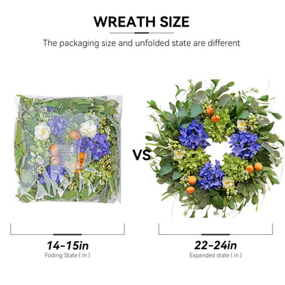 Spring Wreaths for Front Door 24 Inch, Summer Wreath Outdoor，Silk Hydrangea Wreath with White Blossoms & Mini Mandarins, Rustic Farmhouse Indoor & Outdoor Seasonal Wreath, Spring&Summer Home Decor