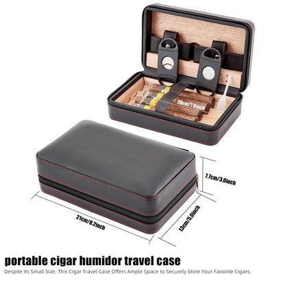 Cigar Case,Travel Humidor,4 Pack Black Cedar Wood Leather Case with Cigar Cutter,Humidifier,Ashtray and Towel for Men Home and Travel,Desktop Large Electric Cabinet,Holder Box Accessories as Gift