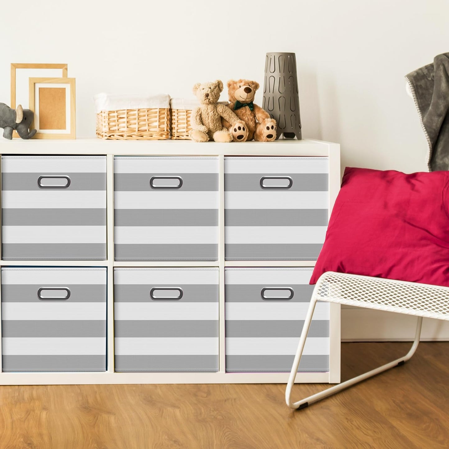 CroBlissful 6 Pcs 11 Inch Fabric Storage Cubes with Metal Handle Back to School Classroom Supplies Grey and White Striped Style Collapsible Bins Organizer for School Nursery Shelves Clothes Gift