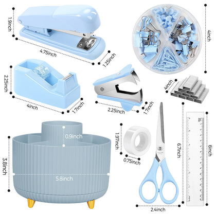 SKYDUE Desk Organizers and Accessories 10Pcs, 360-Degree Rotating Pen Holder, Stapler, Staple Remover, Tape Dispenser,2pcs Tape Refills, Binder Paper Clips Kit, Scissor (Blue)
