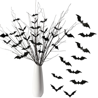 JUNEBRUSHS Curly Willow Branches 29.5 Inch Artificial Bendable Stems Black Branches with 36Pcs Halloween Bat Stickers for Halloween Wreath Home Party Decorations