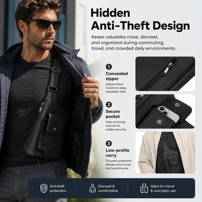 Men’s Underarm Shoulder Holster Bag Anti-Theft Crossbody Sling Bag Concealed Style EDC Pouch Adjustable Straps Multi Pocket (Vegan Leather)