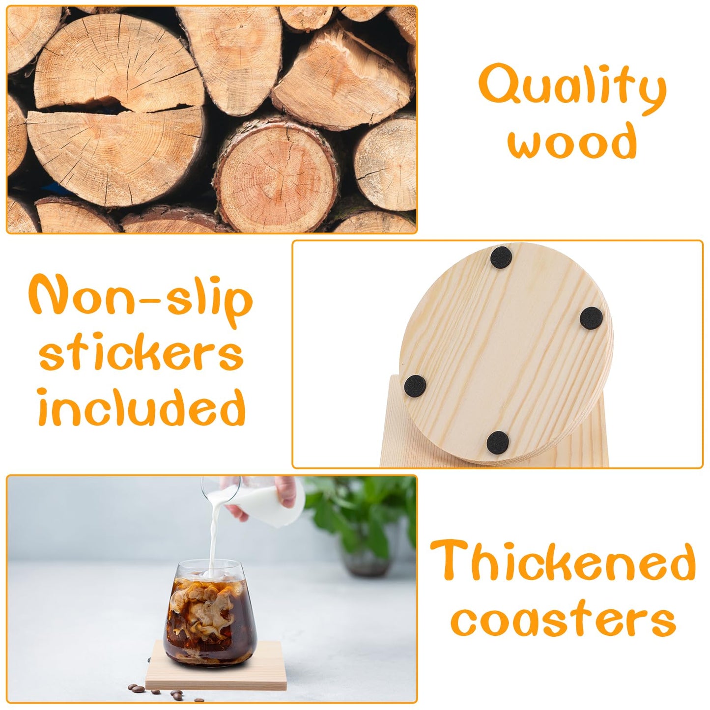 HJZHII 100 Pcs Unfinished Wood Coasters, 4 Inch Blank Wooden Coaster with Non Slip Foam Pad for DIY Stained Drawing Painting Wood Crafts Engraving Home Decoration Supplies(Round, Square)