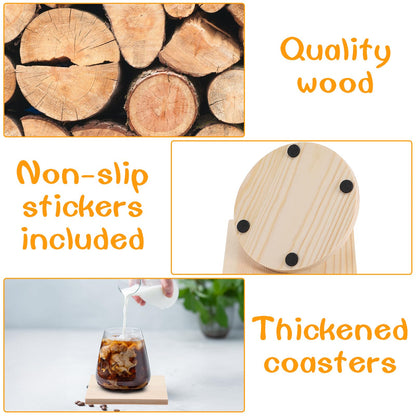 HJZHII 100 Pcs Unfinished Wood Coasters, 4 Inch Blank Wooden Coaster with Non Slip Foam Pad for DIY Stained Drawing Painting Wood Crafts Engraving Home Decoration Supplies(Round, Square)