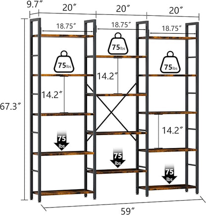 Shintenchi Triple 5 Tier Bookshelf, Industrial Large Bookcase with 14 Open Display Shelves, Large Etagere Bookshelf,Wide Book Shelf Book Case for Home & Office, Brown