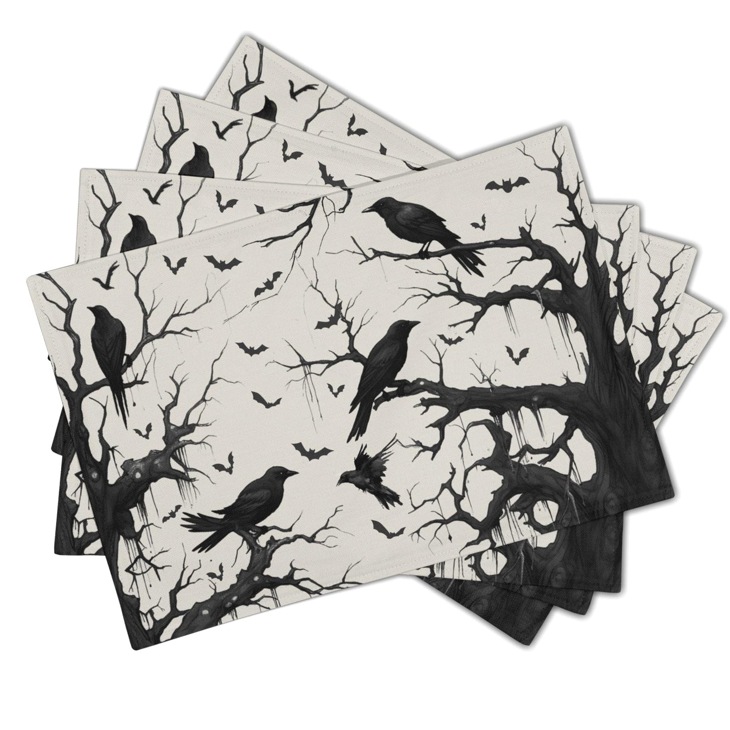 Crow Halloween Placemats Set of 4 18x12 Inch Ravens and Bats in Forest Linen Place Mats Heat-Resistant Washable Wipeable Holiday Table Mat for Party Kitchen Dining Room Dinner Table Decor