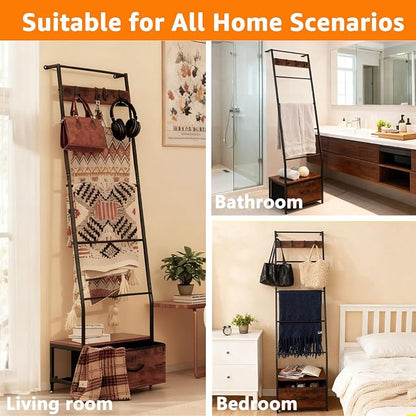 Metal Blanket Ladder with Storage Drawer, 5 Tier Black Blanket Ladders for the Living Room with Hooks, 5.2ft Wall Leaning Quilt Ladder for Blankets, Towels & Throws, Farmhouse Decor