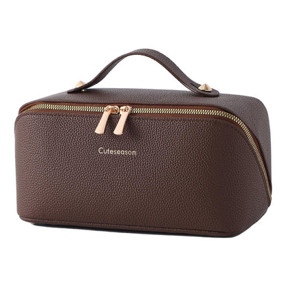 Cuteseason PU Leather Makeup Bag for Women, Structured Makeup Case with Wide Opening, Travel Cosmetic Bag with Compartments and Handle, Water-Resistant Makeup Organizer(Brown, Lychee Grain)