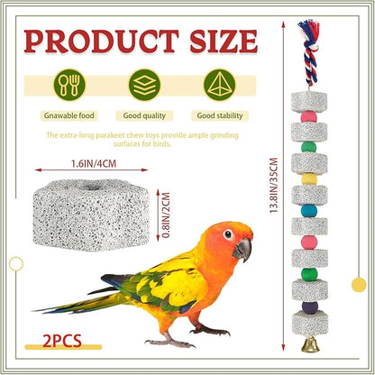 2 Pack Parrot Chewing Toys, Bird Beak Grinding Calcium Stone with Bell, Lava Mineral Block Cage Accessories for Parakeet Budgie Macaw Cockatoo Cockatiel Rat, Long