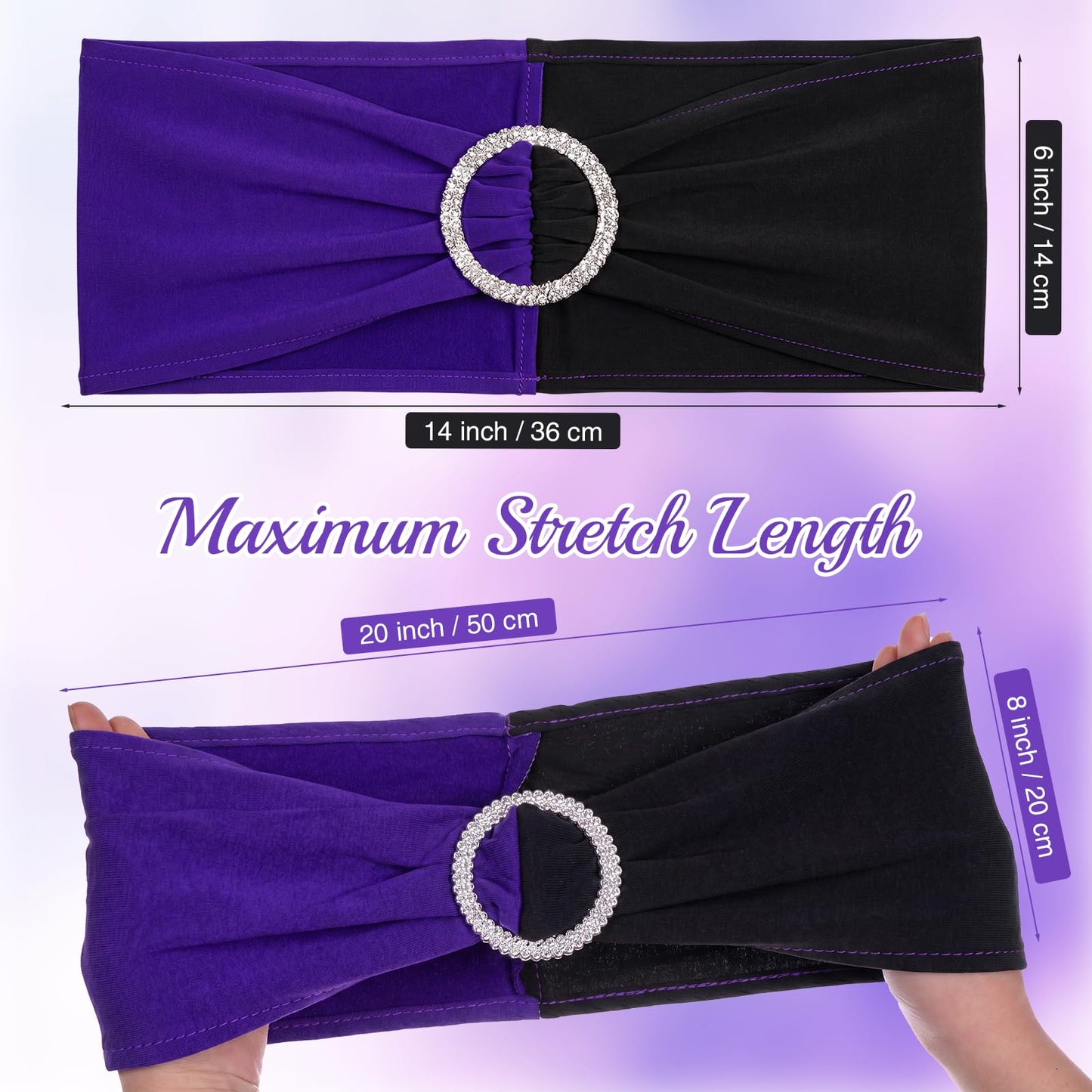 Moukeren 12 Pcs Black and Purple Spandex Chair Sashes Halloween Party Stretch Chair Ties Bows with Buckle Slider Blocking for Halloween Holiday Birthday Party Banquet Decoration