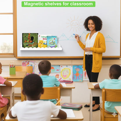 luniteling 2 Pack Magnetic Book Shelf for whiteboard,12.5LBS Holder Acrylic Scalloped Floating Shelves,16.73"x2.56"x2.76 Magnetic Floating Shelf for Classroom, Home & Office & Refrigerator Use(White)
