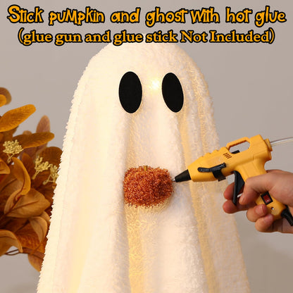 Halloween Decorations-2 Pack Light-Up Sherpa Ghosts with Pumpkin Halloween Decor Indoor Cute Ghost Tabletop Decor for Party Home Kitchen and Fireplace