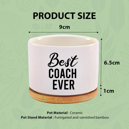 Best Coach Ever Coach Gifts Ceramic Succulent Plant Pot with Bamboo Tray Round Sports Gym Instructor Basketball Volleyball Football Soccer Home Office Decor Plant Lover 3.5 Inch White (No Plants)