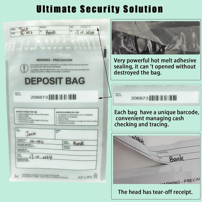 Plastic Deposit Bags 100-Pack Clear 9.5''x 15'', Security Bank Deposits Cash register Money bag for Cash,Bank Pocket,Tamper-Evident,Unique Barcode