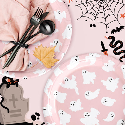 Whaline 40Pcs Halloween Paper Plates Pink Ghost Disposable Plates 9 Inch Cute Cartoon Ghost Decorative Round Plate for Halloween Summerween Party Birthday Baby Shower Table Decor