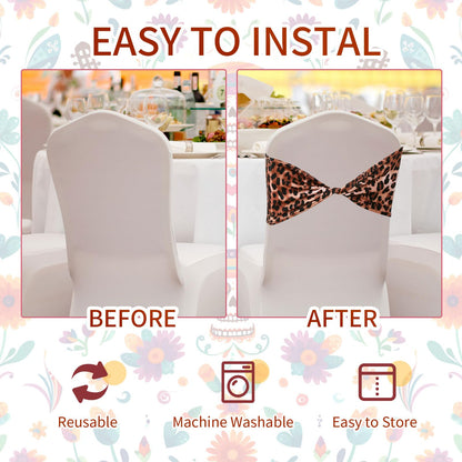 Newwiee 48 Pcs Spandex Chair Bands Animal Print Elastic Chair Sashes Bow Polyester Chair Cover Bands Ties Without Buckle for Animal Safari Jungle Theme Party Birthday Decor (Leopard Print)