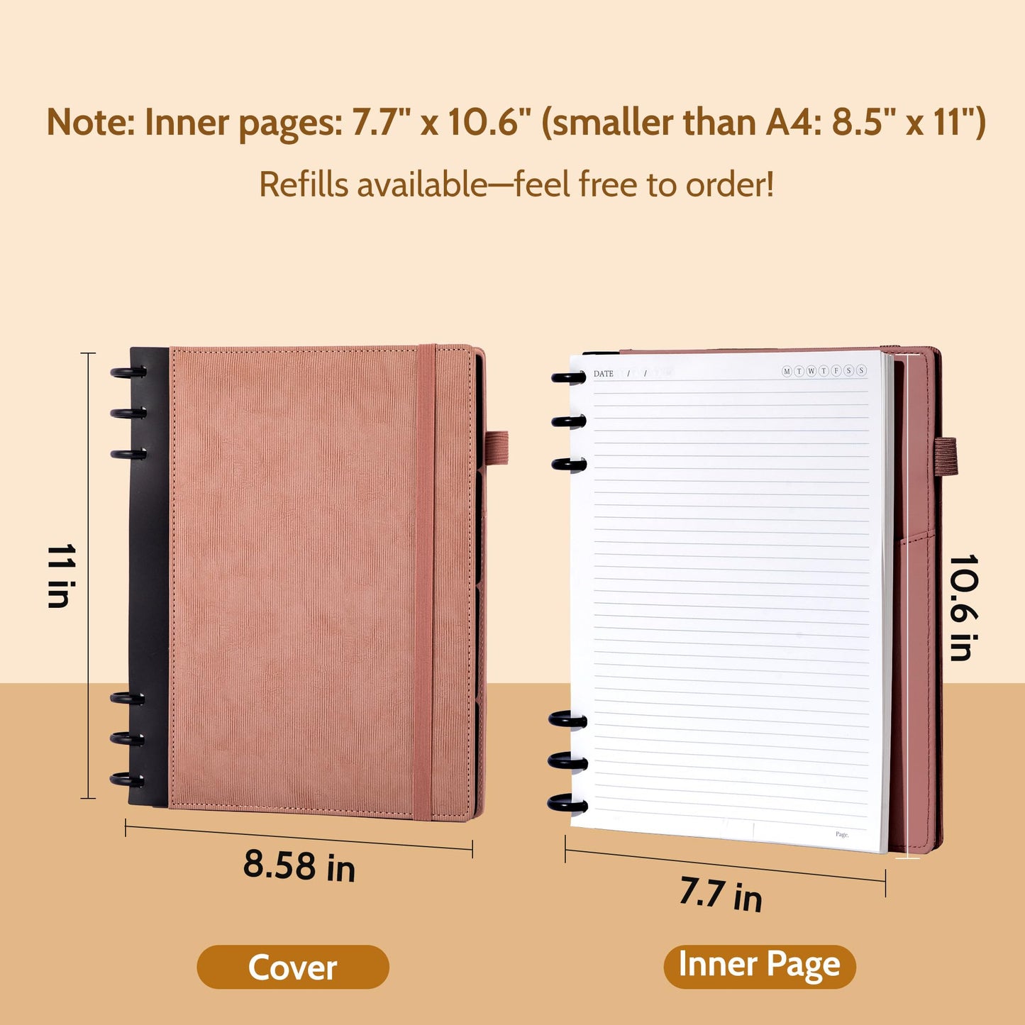 Yoment Refillable Notebooks for Work 5 Subject with Removable Dividers Tabs 240 Pages Hardcover Leather Journals for Writing Large Discbound Planner Colleged Ruled Paper for Women Men 8.58 x 11,Pink