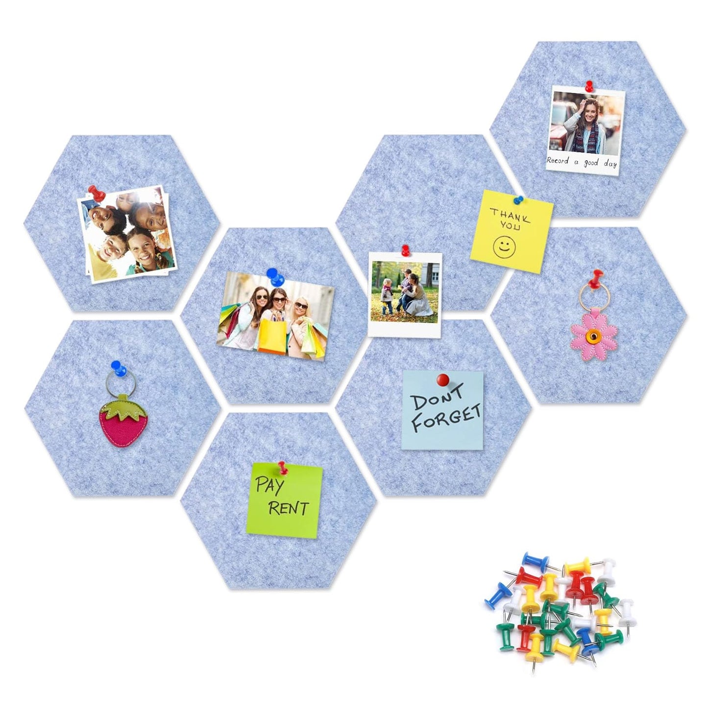 8 Packs Light Blue Hexagon Felt Pin Board, 12" Bulletin Board with 30 Push Pins, Felt Board for Home Kitchen Office Decor, Self-Adhesive Corkboard Tiles for Walls Message Photos Memos Display
