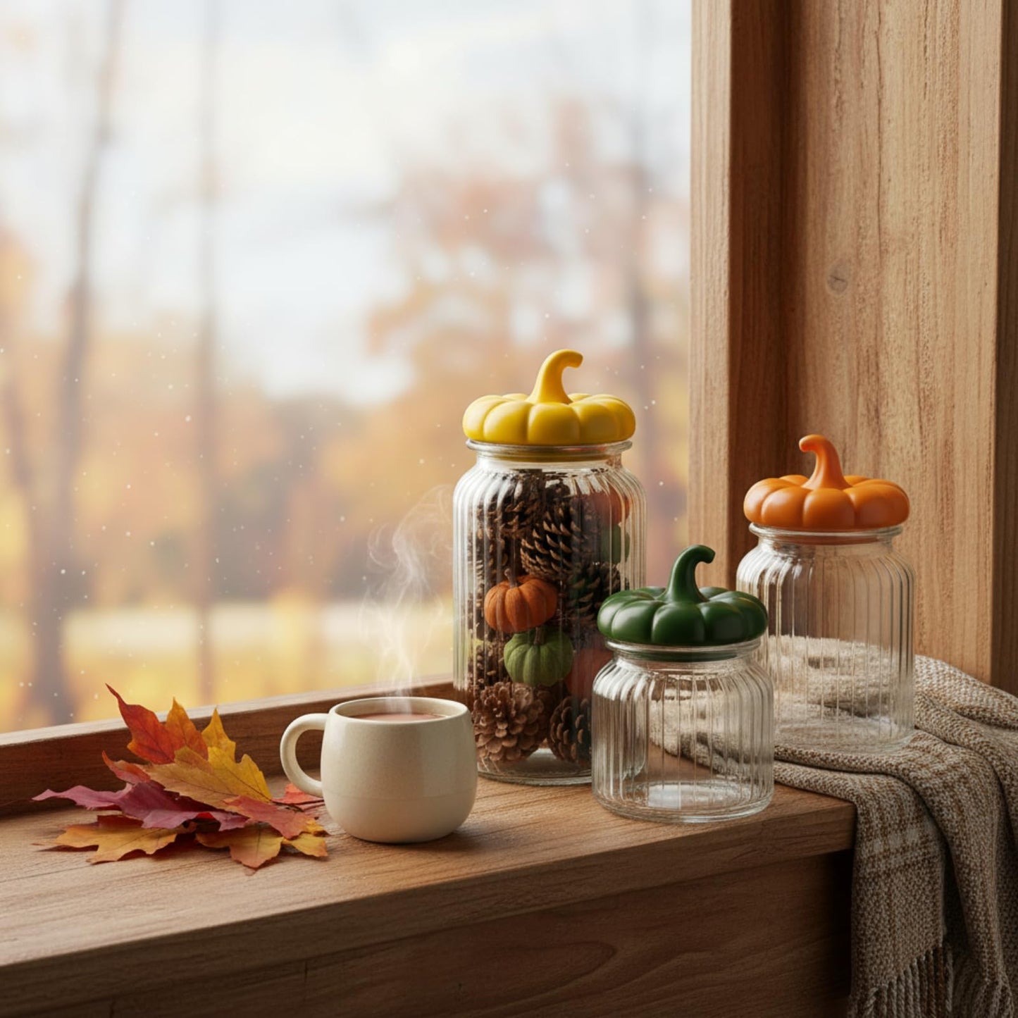 Mimorou 3 Set Pumpkin Glass Jar with Pumpkin Airtight Ceramic Lid 44 oz 33 oz 22oz Fall Clear Candy Jar Food Storage for Thanksgiving Party Cookie Table Decoration(Yellow, Orange, Green,Autumn)