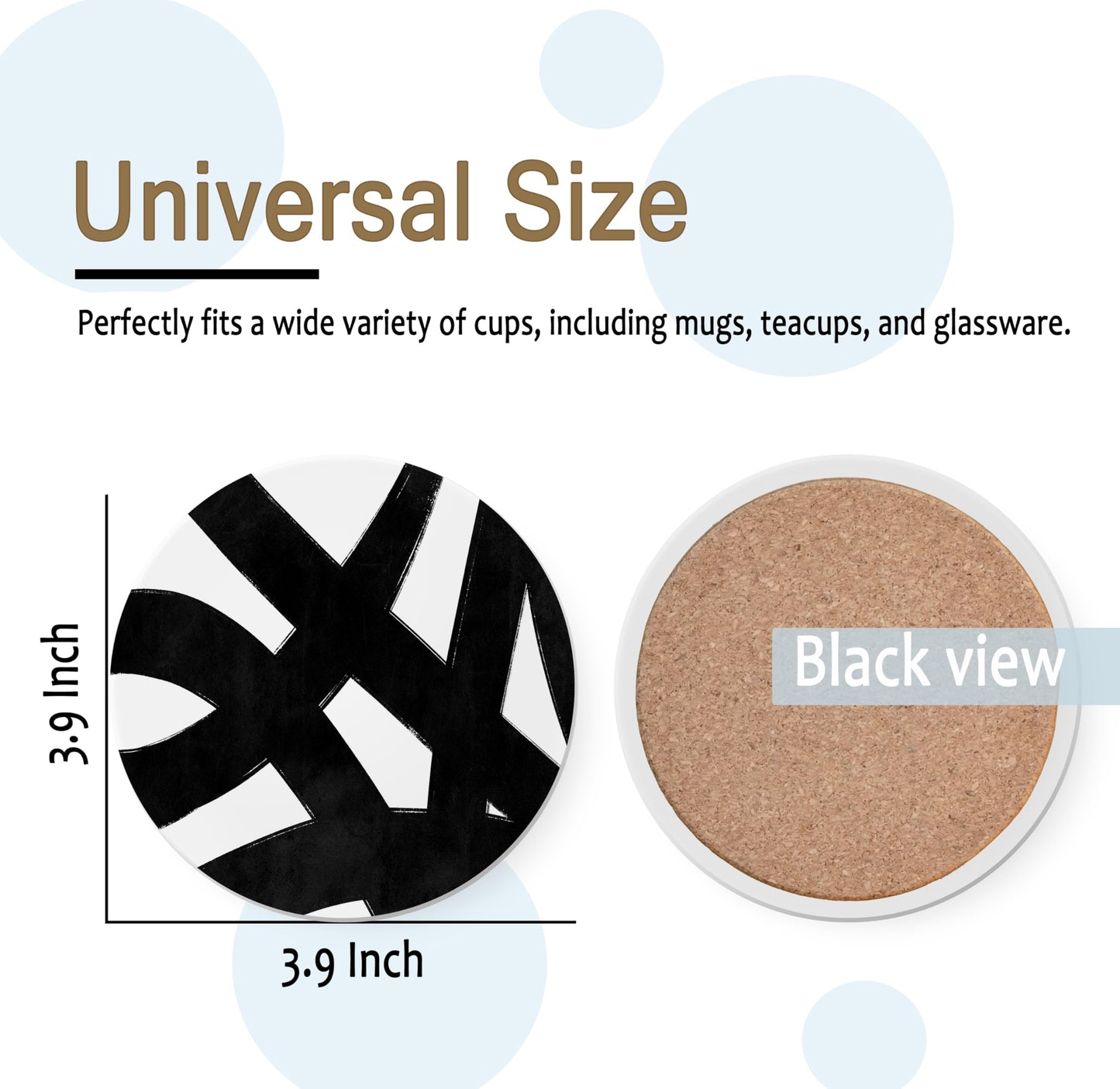 Black and White Coasters Set of 4, Modern Abstract Geometrical Black and White Ceramic Car Drink Coaster Cup Mat with Cork Back for Table Desk Decor