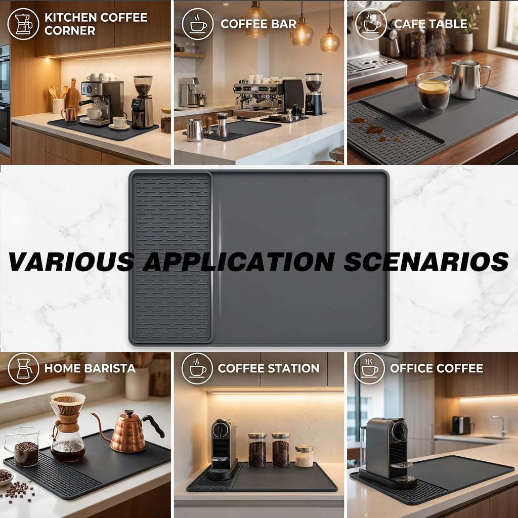 Caketime 2 In 1 Silicone Coffee Bar Mat Accessories Detachable Dish Drying Rug Rack Stone for Kitchen Counter Home Household Apartment Office Essentials Barista Espresso Machine Drainer Must Have