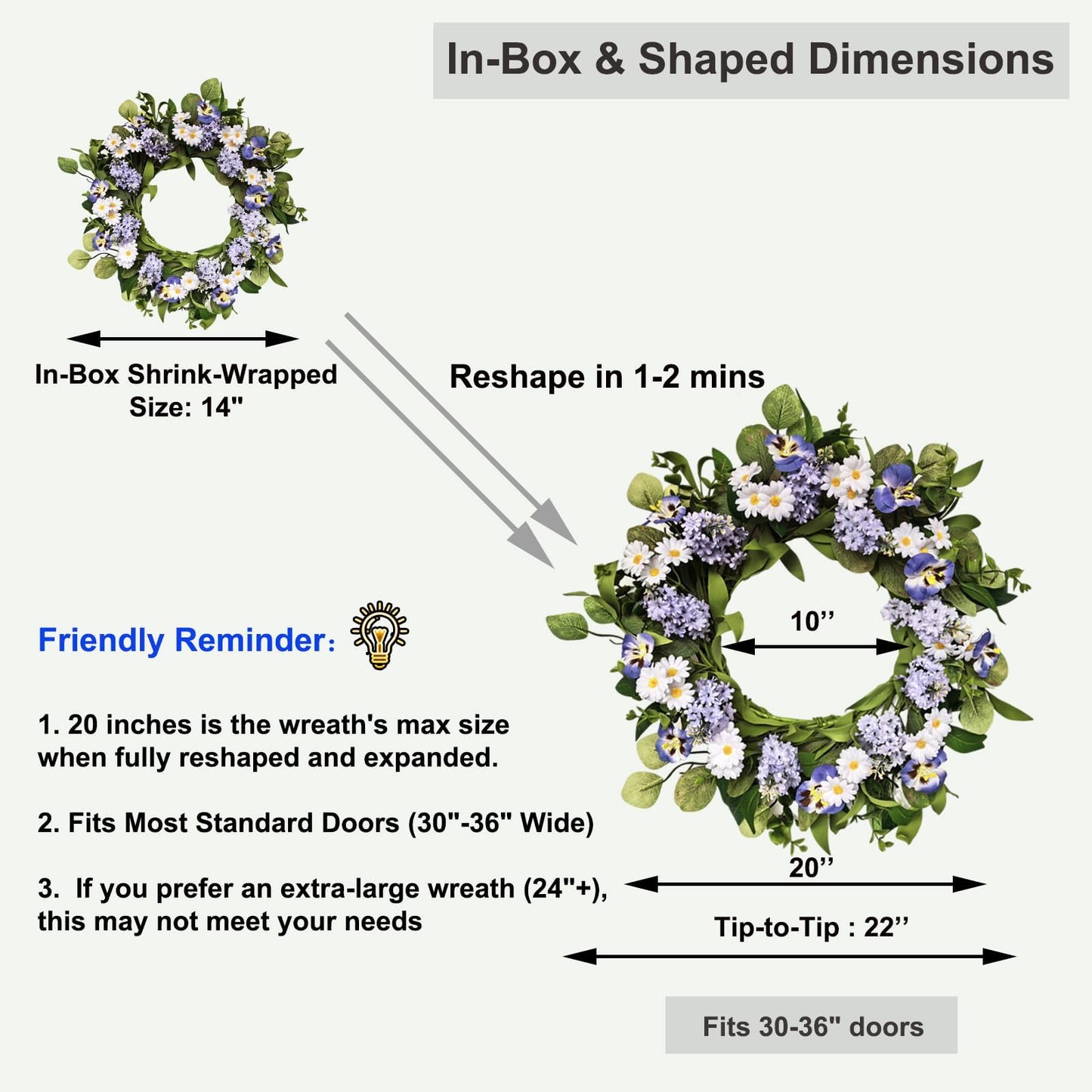 Zkieire 20 Inch Purple Artificial Lilac Daisy Pansy Wreath - Floral Wreath with Greenery for Front Door Wall Window, Spring Summer Indoor Outdoor Decor