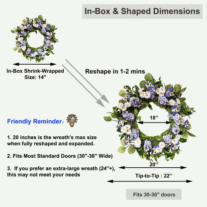 Zkieire 20 Inch Purple Artificial Lilac Daisy Pansy Wreath - Floral Wreath with Greenery for Front Door Wall Window, Spring Summer Indoor Outdoor Decor