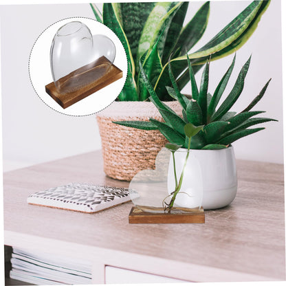 SUPVOX Heart Shaped Glass Vase: Hydroponic Plants Station with Wooden Base Propagation Terrarium Container for Home Offices Windowsill Decors