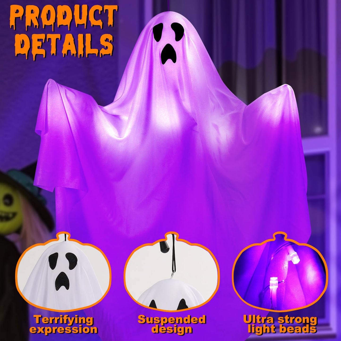 5Pack Halloween Hanging Ghost with Spooky Purple LED Light,27.5’’ Light up Flying Ghost Outdoor Hanging Ghosts Decorations for Front Porch Tree Patio Lawn Garden Party Decoration