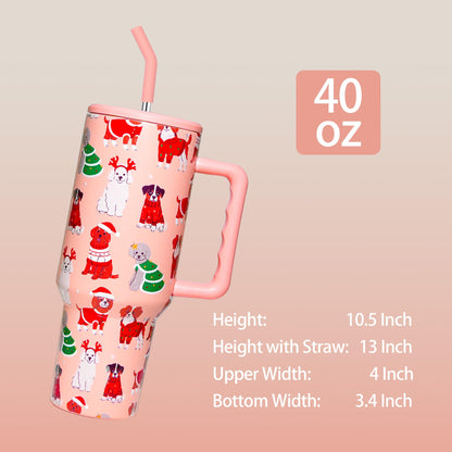OEUFSEEE Christmas Dog Tumbler with Straw and Lid Vacuum Insulated 40oz Stainless Steel Puppy Cup Gifts for Women Xmas Present Skinny Water Bottle Coffee Cup for Home or Travel