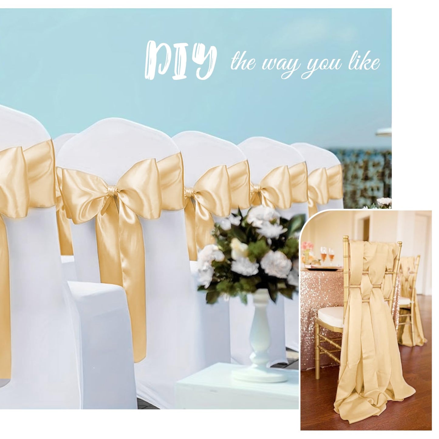 Pesonlook 120 PCS Champagne Satin Chair Sashes Bows Satin Chair Sashes Universal Chair Cover for Wedding Reception Restaurant Event Decoration Banquet,Party,Hotel Event Decorations (7 x 108 inch)