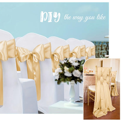 Pesonlook 120 PCS Champagne Satin Chair Sashes Bows Satin Chair Sashes Universal Chair Cover for Wedding Reception Restaurant Event Decoration Banquet,Party,Hotel Event Decorations (7 x 108 inch)