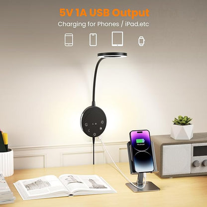 Wall Mounted Reading Light,Headboard Reading Lamp with 5 Color Temperature &5 Dimming,360°Flexible Gooseneck,USB Output, Night Light&Timer Function- Perfect for Reading in Bed Black 2 PCS