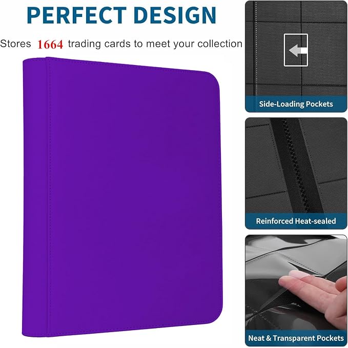Trading Card Binder 16 Pocket, 1664 Pockets Ringless PU Cover Card Collection Binder, Double Sided Card Binder Collector Album, Card Folder for MTG, TCG, Sports Cards, Game Card (Purple, 16Pockets)