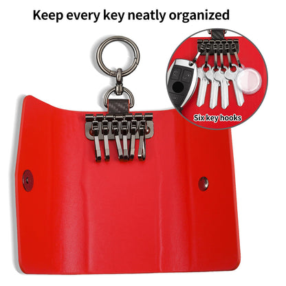 Leather Keychain Wallets Portable Key Holders Pouch Multiple Key Organizer, Key Holder with 6 Hooks for Men or Women,Carbon Fiber Pattern,Red