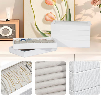 GLOBAL KA Stackable Jewelry Organizer Trays with Glass Lid,Jewelry Tray for Drawer Insert,Jewelry Display Case for Earring Necklace Ring Watch Bracelet,White PU Leather Gray Velvet Lining,6 Layers
