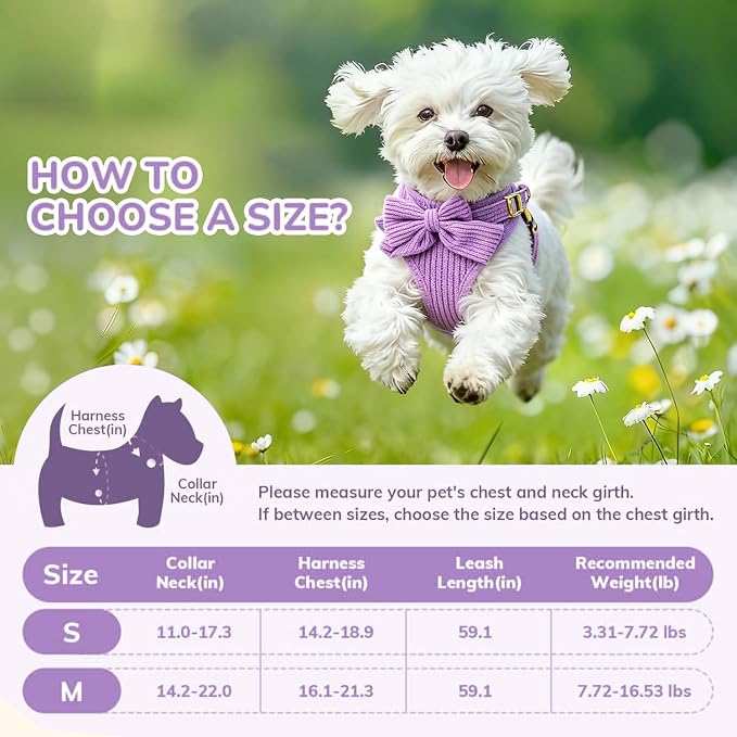 Small Dog Collar Harness and Leash Set with Bowtie, Adjustable Dog Harness Collar and Leash Set with Secure Metal Buckle, Breathable Cotton Adjustable Pet Puppy Harness, Easy Walk Harness, M(16-21")