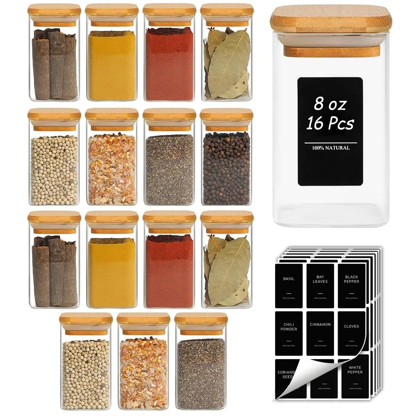 ComSaf Spice Jars with Labels 8 oz 16Pack, Small Spice Containers Starter Set, Glass Seasoning Jars with Lids, Square Seasoning Containers for Salt, Pepper, Chili Powder, Sugar, Loose Tea Storage
