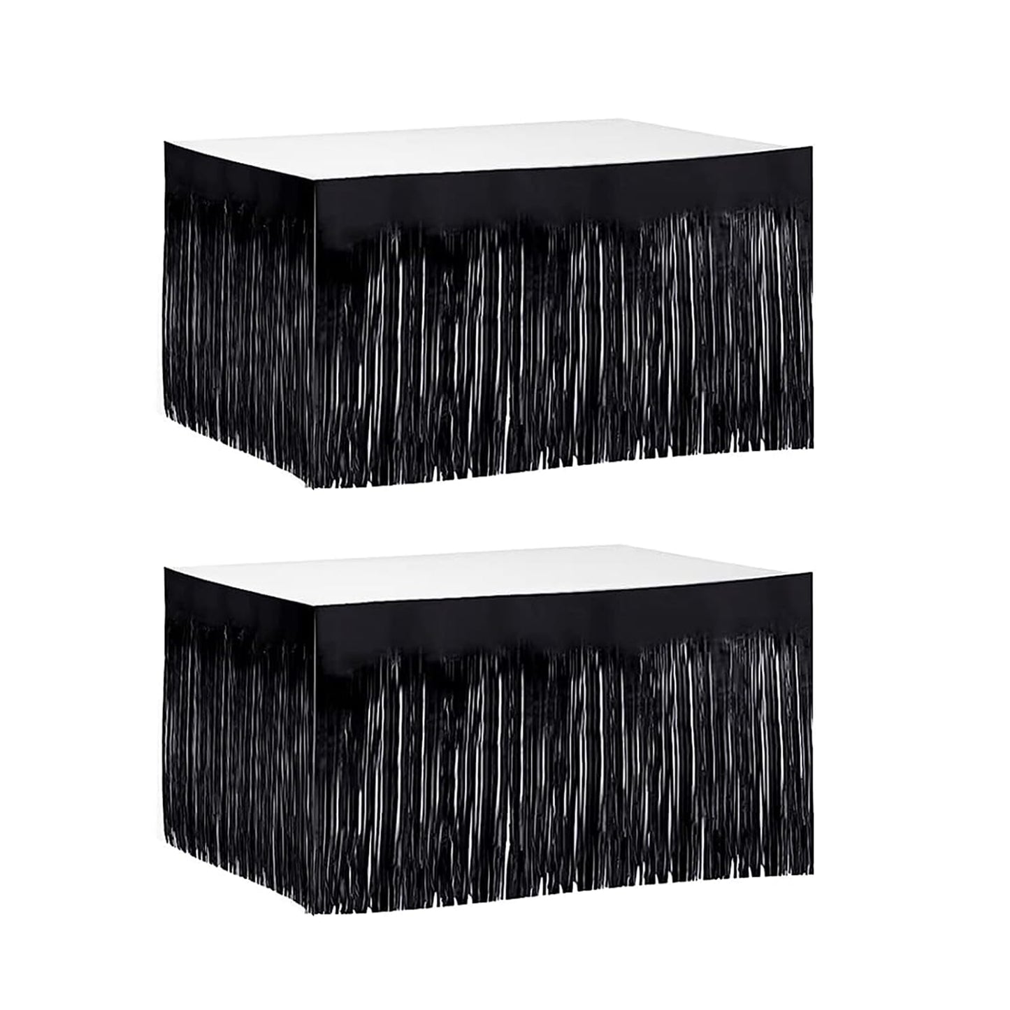 2 Pack 29.5x168 Inch Metallic Foil Fringe Tinsel Table Skirts Disposable Table Skirt for Parade Floats, Mardi Gras Party, Wedding, Birthday Party(Black)