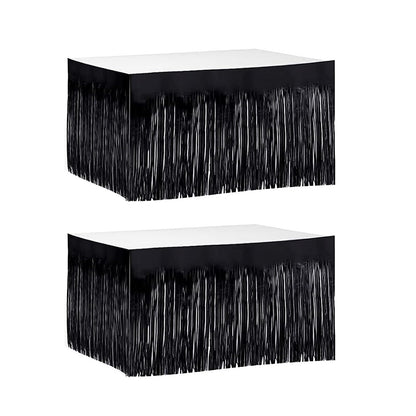 2 Pack 29.5x168 Inch Metallic Foil Fringe Tinsel Table Skirts Disposable Table Skirt for Parade Floats, Mardi Gras Party, Wedding, Birthday Party(Black)