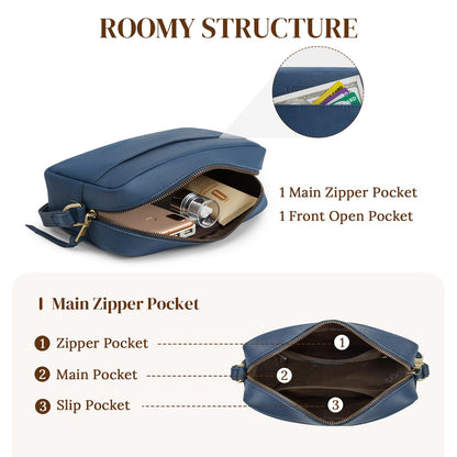 S-ZONE Crossbody Bags for Women Top Grain Leather Shoulder Handbags Camera Bag Purse Adjustable Strap Travel Daily Dark Blue