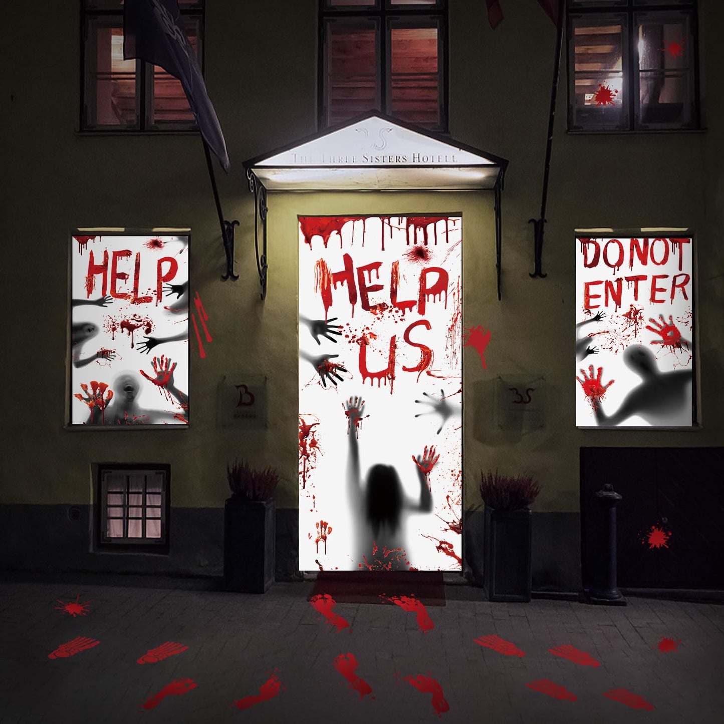 Bloody Halloween Decorations Door Cover Window Posters, Includes 1PCS Halloween Door Cover 2 PCS Halloween Window Posters and 3 Sheet Bloody Footprints Floor Clings for Halloween Decor