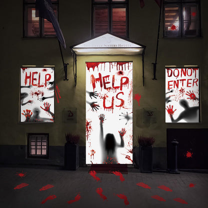 Bloody Halloween Decorations Door Cover Window Posters, Includes 1PCS Halloween Door Cover 2 PCS Halloween Window Posters and 3 Sheet Bloody Footprints Floor Clings for Halloween Decor