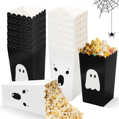 Whaline 24 Pcs Halloween Mini Popcorn Paper Boxes Cardboard Black&White Cute Ghost Popcorn Containers for Halloween Party Home Office Class Movie Night Decor