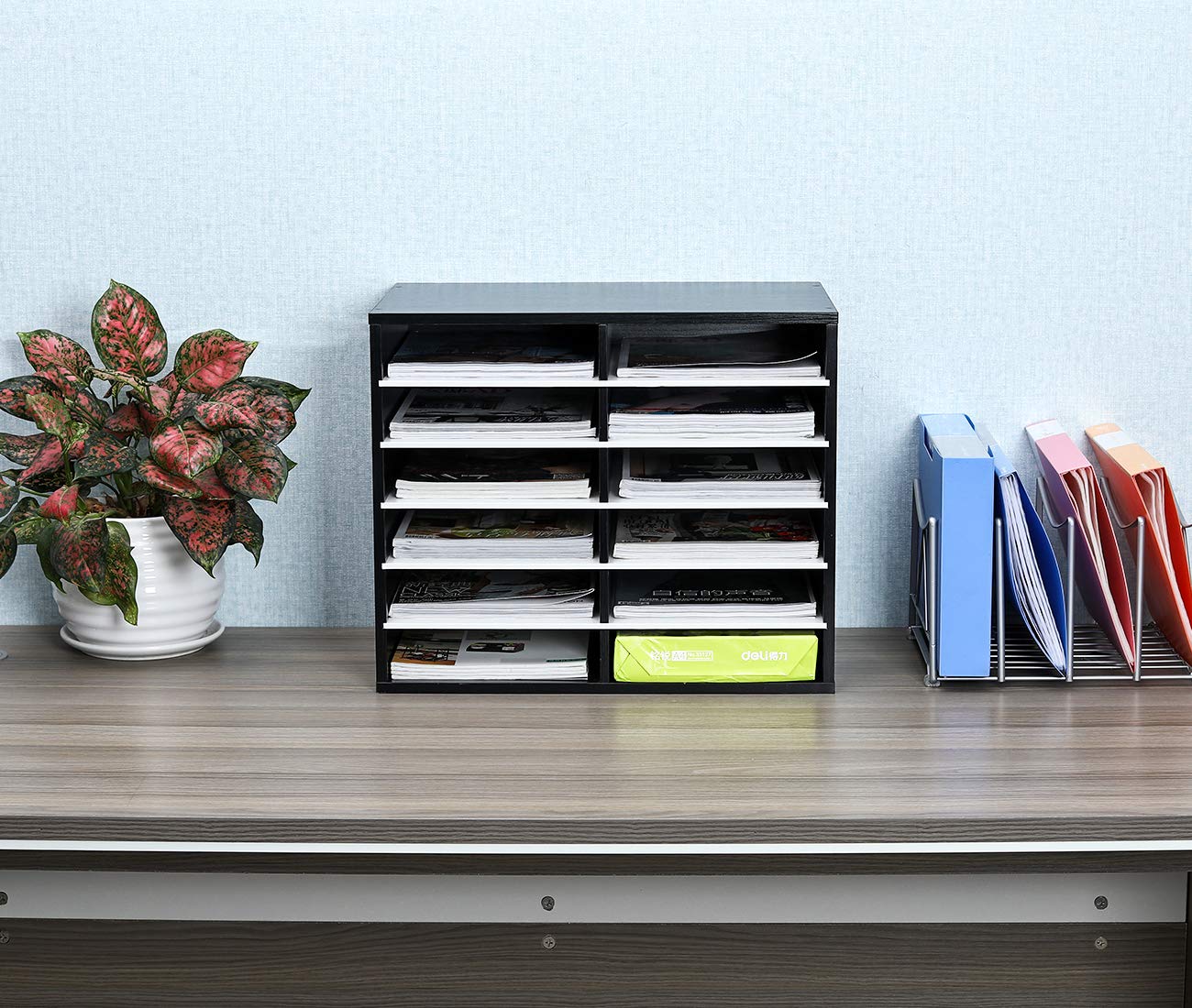 EasyPAG 12 Compartments Wooden Literature Organizer with Adjustable Shelves, 6000 Sheets Capacity Paper Organizer, Classroom Mailbox and Mail Sorter for Teachers and Office, Black/White