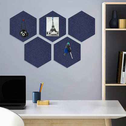 8 Packs Navy Blue Hexagon Felt Pin Board, 12" Bulletin Board with 30 Push Pins, Felt Board for Home Kitchen Office Decor, Self-Adhesive Corkboard Tiles for Walls School Message Photos Memos