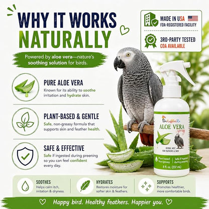 Aloe Vera Bird Spray for All Birds – Soothes Itchy Skin & Feather Plucking – 8oz Odor-Free Mist, Safe if Ingested, Daily Use Bird Mist, Softens Feathers, Natural Formula – Made in USA by UnRuffledRx™