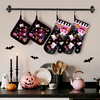 Arquiel Halloween Boo Pink Pumpkin Oven Mitts and Pot Holders Sets 4Pcs, 100% Cotton Heat Resistant, Extra Long Oven Gloves Potholder for Kitchen Cooking Baking Decoration