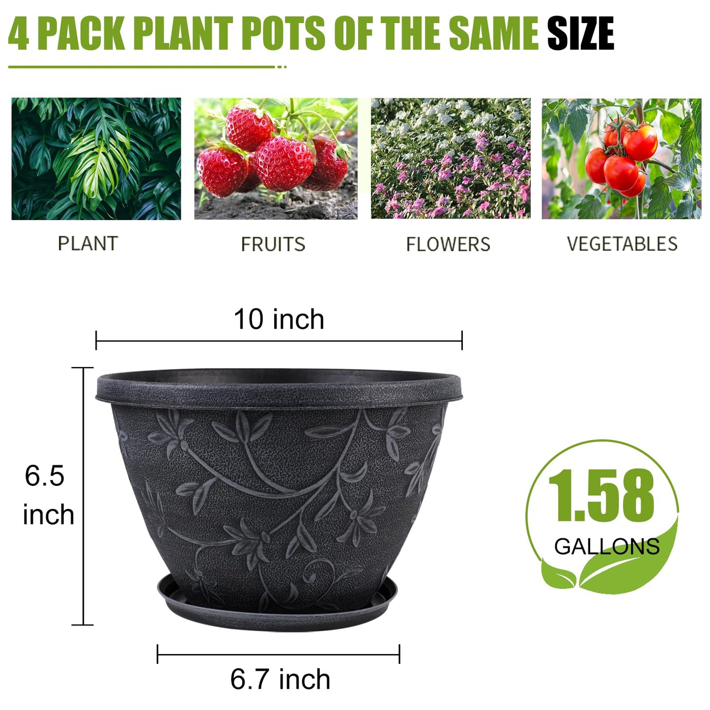 Nooulap 4 Pack 10 Inch Flower Pots for Outdoor Indoor, Plastic Plant Pots with Drainage Hole & Saucer, Lightweight Small Resin Flower Pot, Outdoor Planters Imitation Magnolia for Garden House（Gray）